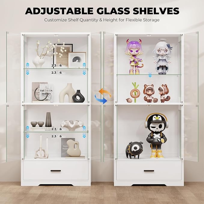 BROTTAR 4-Tier Display Cabinet with Glass Doors and Drawer for Collectibles | Glass Display Case with 3-Color Lights & Human Body Sensor, Curio Cabinets with Adjustable Shelves for Living Room, White
