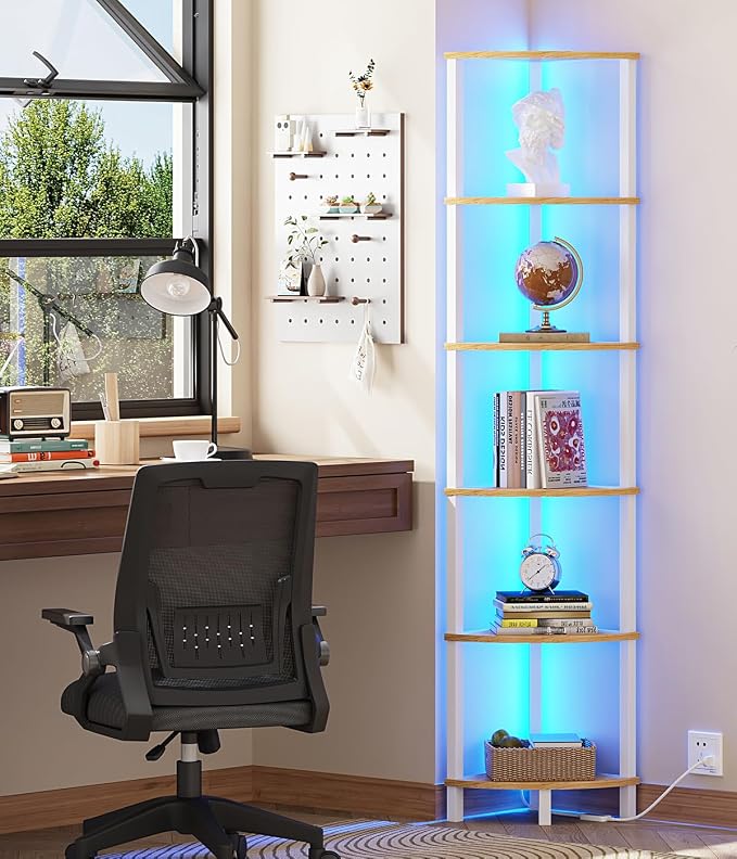 VIMBER 6-Tier Corner Shelf with LED Light, Industrial Corner Ladder Shelf, Rustic Display Shelf for Living Room, Bedroom, Kitchen, Home Office, Sturdy Frame, White and Nature Wood Color UJSJ002Q
