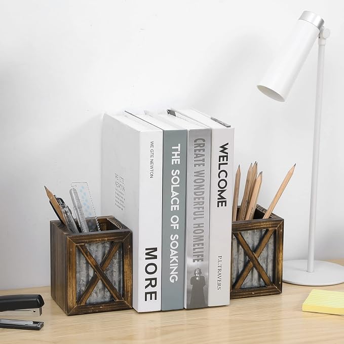 MyGift Rustic Bookends with Pen Holder, Wood & Metal Desk Organizer | Keeps books upright while built-in compartments organize pens, pencils, and desk essentials for work or study spaces