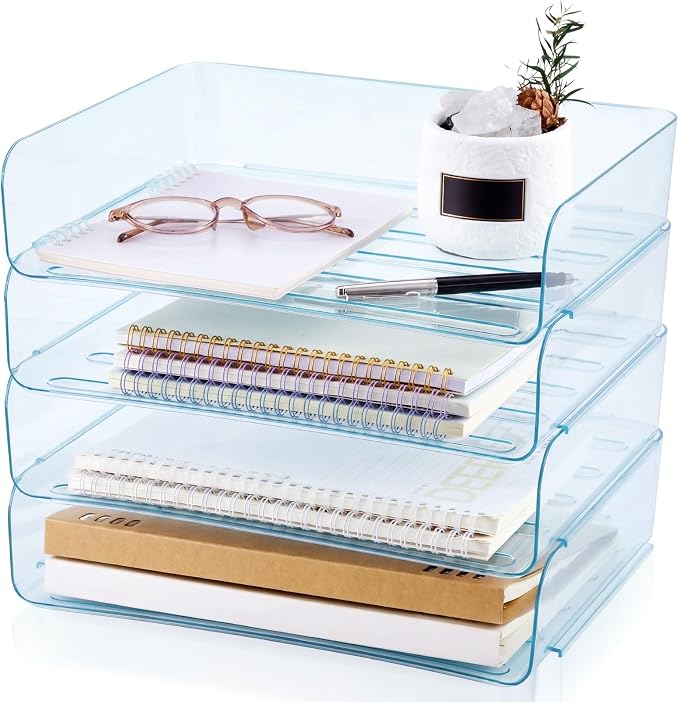 Harloon 4 Tier Clear Blue Acrylic Paper Organizer Letter Tray, Aesthetic Stackable Desk File Organizer Paper Holder Office Tray for A4, Modern Classroom Office Home File Pad Books Notes