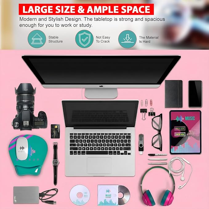 PayLessHere | 55 Inch Computer Desk | Pink | Office Desk with Metal Frame, Adjustable Feet | Water-Resistant, Scratchproof Surface | Sturdy Writing Table for Home Office or Study | Pack of 1