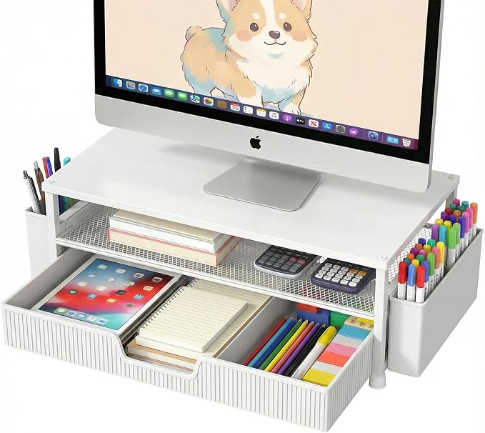 ECOLOVI Desk Organizer and Accessories, 2-Tier Computer Monitor Stand Rise with Storage Drawer & 2 Pen Holders, Laptop & Printer Stand for Desktop, Workspace Organizers for Office Supplies (White)