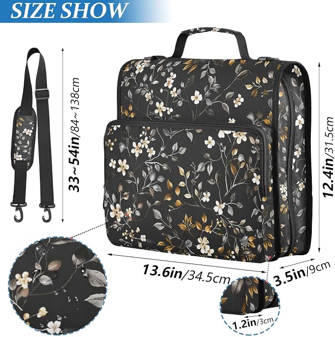 ALAZA Zipper Binder 3 Ring Vintage Flowers Binder Organizer with Zipper and Shoulder Strap Large Capacity Multi-Pocket Trapper Keeper File Folder for Office Supplies