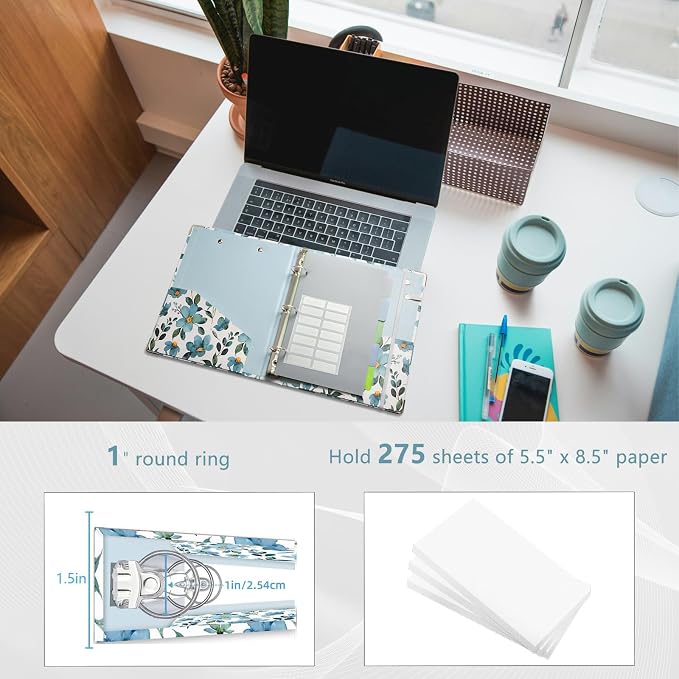 Mini Binder Organizer for 5.5" x 8.5" Paper ，1 Inch 3 Ring Binder with Clipboard, 5-Tabs Pockets Dividers, Plastic Folder, 18 Divider Stikers, Pen Loop (Blue Flora, Half Letter Size)