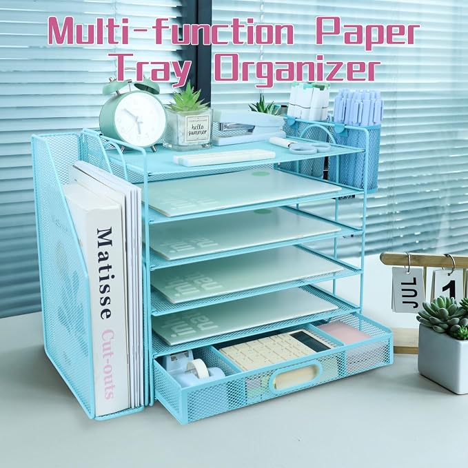Desk Organizers and Accessories with File Holder, 6-Tier Paper Letter Tray Organiser with Drawer and 2 Pen Holder, Mesh Desktop Document Organizer for Office Supplies, Workspace - Blue