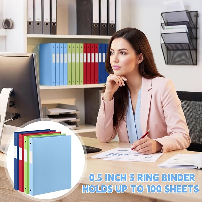 Henoyso 1/2 Inch 3 Ring Colored Binders Soft Flexible, 8.5'' x 11'' Plastic Floppy Binders Bendable with 2 Pockets, Colorful Binder Bulk for School Office Business ，12 Pack (Assorted Fresh Color)