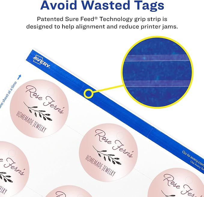 Avery Round Tags, Sure Feed Technology, 2" Diameter, Matte White, Strings Included, 120 Total, Print-to-The-Edge, Laser/Inkjet Printable (80512)