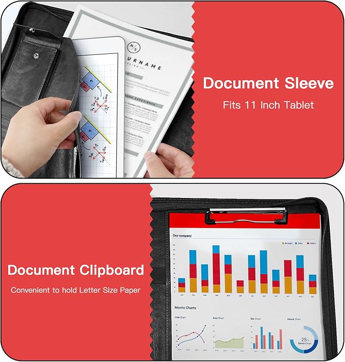 WRIYES Zippered Padfolio Organizer, 10.2 Inch Portfolio Folder, Black | Leather Planner Binder, For Documents, Letter Size, Business Card Holder, For Men&Women