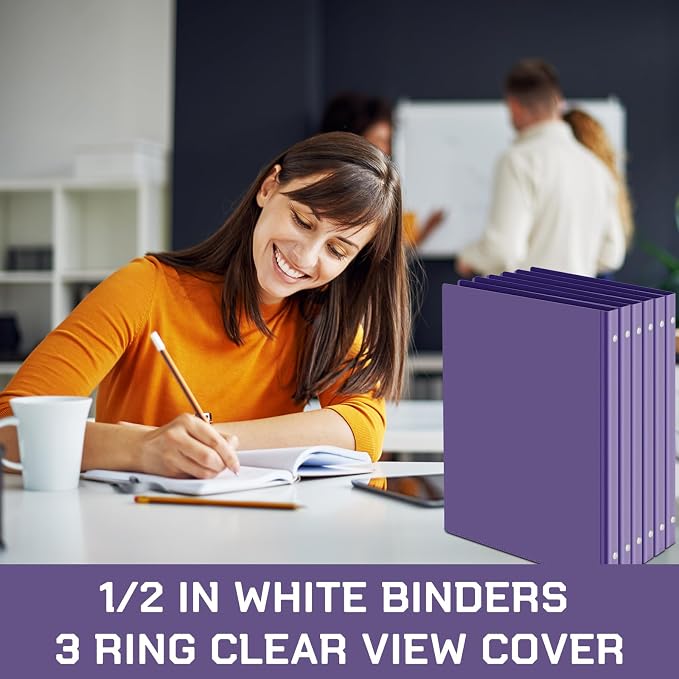 Fulmoon 12 Pcs Economy View 3 Ring Plastic Binder 12.2 x 9.8 Inch Plastic Round Ring Binders with Pockets Notebinder for Meetings for Home, Office, School(Purple, 1/2 Inch)