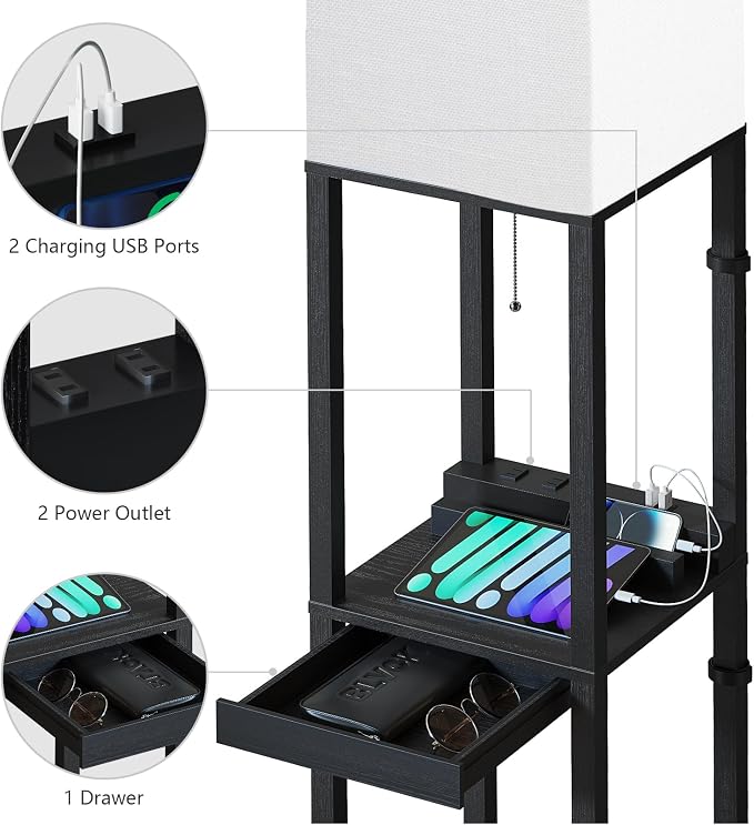 SUNMORY RGB Floor Lamp with Shelves, Solid Wood Shelf Lamps for Living Room | Smart APP RGB Bulb, 1 Drawer & 2 USB Ports & 2 Power Outlet, Modern Standing Lamp, Corner Tall Bookshelf for Bedroom