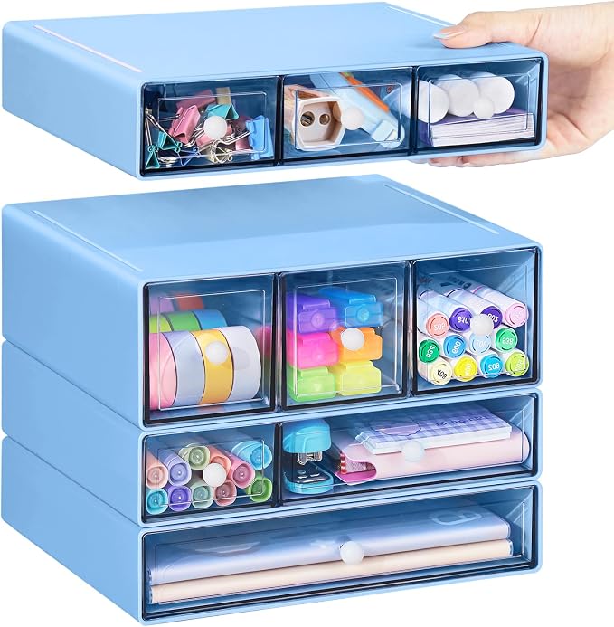 Desk Storage Organizer with 9 Drawers, 4 Tiers Stackable Desktop Craft Storage Drawers, Clear Storage Box Caddy for Stationary Makeup Jewelry Office Craft Supplies (Blue)