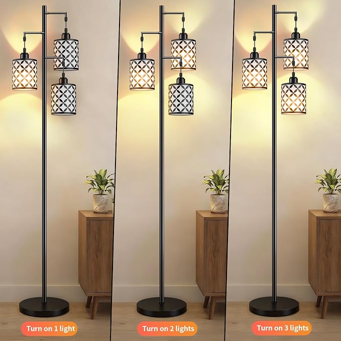 Dimmable Floor Lamp, Farmhouse Standing Lamp with Elegant Metal Cage, Industrial Tall Tree Floor Lamps for Living Room Bedroom Study Office with Remote & 3 x 800LM 9W LED Bulbs - 72", Black