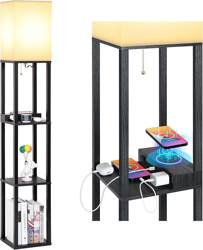 Shelf Floor Lamp with Wireless Charger, USB, Type C, AC Port,Black | Fast Charging USB Ports & Type C Port & 2 Power Outlets, 3 Tier Storage Shelf Lamp, E26 Base, 60W Max(Bulb Not Included)