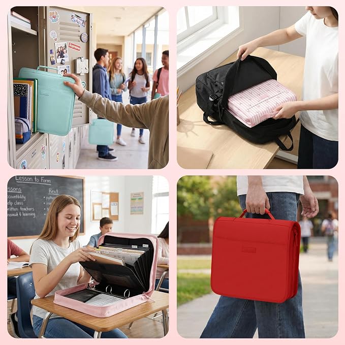 SUNEE Zipper Binder with Handle, 1.5 Inch O-Ring, 325 Pages Capacity, with 5-Tab Expanding File Folder for Classified Storage, Small Size Lightweight Zipper Bag for Middle School Students, Bright Red
