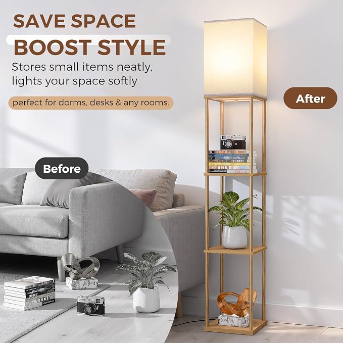Floor Lamp with Shelves, 3-Tier Modern Square Bookshelf Standing Lamp Wood | 3 Color Temperature Bulb Included, Pull Chain Tall Lamp for Living Room Bedroom Corner Office Apartment Decor