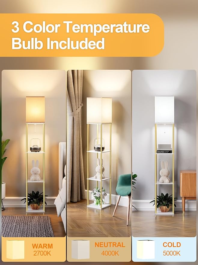 Floor Lamp with Shelves, Modern Corner Display Standing Column Shelf Lamp Etagere Organizer Tower Nightstand with White Linen Shade for Living Room, Bedroom and Office, Marble White and Gold Poles