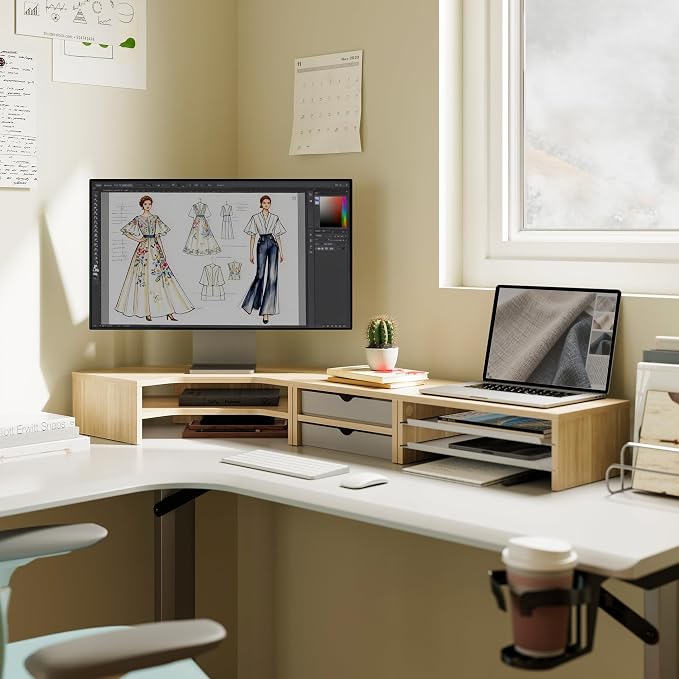 Fenge Dual Monitor Stand, Corner Desk Shelf with Drawer & Slide-Out Tray | Modular Design for Flexible Layouts, 2-Tier Storage Desktop Organizer for Computer, Laptop, Printer and Telephone