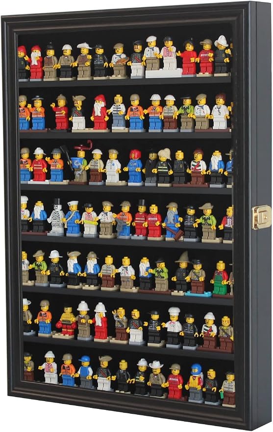 Minifigure Display Case - Building Block Toy Wall Cabinet Showcase for Small Miniature Collectibles Mini Brands Thimbles, 2.25" Shelf Height Lockable UV Protection Door (Black Finish Frame)