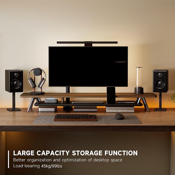 Fenge Dual Monitor Stand Riser, Wooden Desk Shelf with 2-Tier Storage | 47.2-Inch Extra Wide, Sturdy Aluminum Legs, Built-In Phone & Tablet Slot, Desktop Organizer for Office Accessories