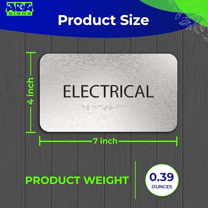 Electrical Room Sign for Business - Office Signs, Aluminum Brushed Silver, Tamper-Proof, Heavy Duty Mounting Tape, Easy Install, Office Décor, ADA Compliant, Grade 2 Braille (7” W x 4” H) ADASigns.org