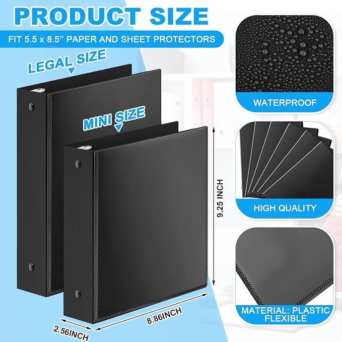 Henoyso 2 Inch 6 Pack Mini Clear View 3 Ring Binders for 5.5"x8.5",Black | Holds 490 Sheets, Clear Front Covers, Flexible Plastic Binder Bulk, Three Round Rings, School Office Report Filing, Planners
