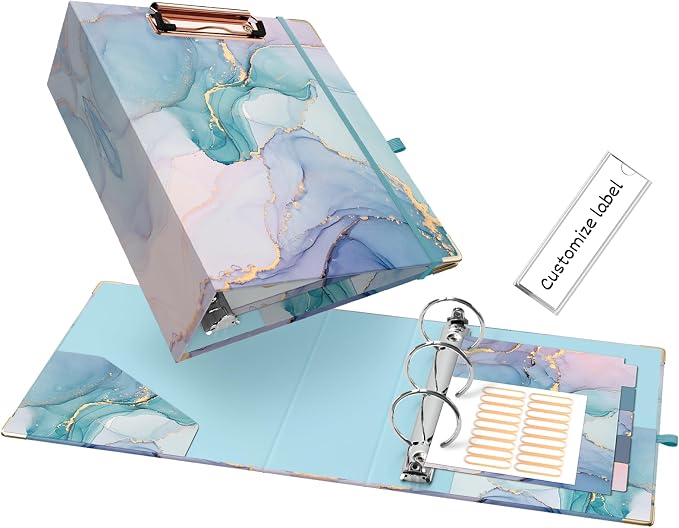 EYROZILL Mini Binder with Clipboard, 3 Ring 2 Inch,for 5.5" x 8.5" Paper.A5 Binders with 5-Tab Dividers for School Office Supplies and Home, Green Marble