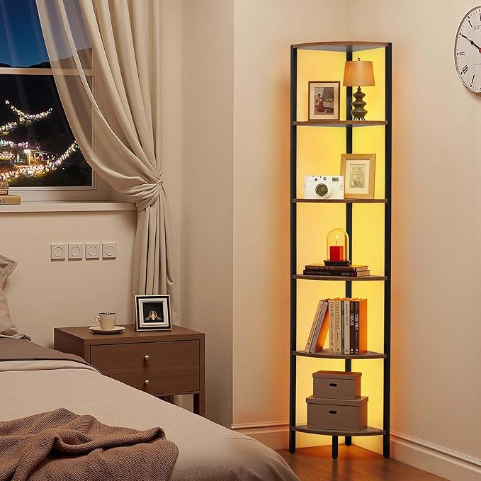 VEVOR 6 Tier Corner Shelf with LED Light, 68" Tall Corner Bookshelf with Storage Shelves for Collectibles, Display Shelf with Multi-Color Lights Controlled Via RC/APP for Bedroom, Living Room, Office