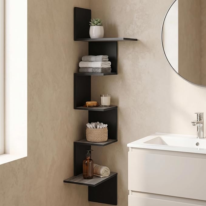 Furinno Rossi 5-Tier Corner Floating Shelves for Wall, French Oak | Rectangular Corner Wall Shelf, S-shape Radial Floating Book Shelf, Easy Assembly, for Bathroom, Bedroom, Living Room