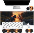 Desk Mat Large Gaming Mouse pad Set 31.5x11.8 inch [4in1Mousepad + Keyboard Wrist Rest+Mouse Wrist Rest+Coaster ] with Ergonomic Desk Pad for Home Office Table Computer - Oil Art Horse