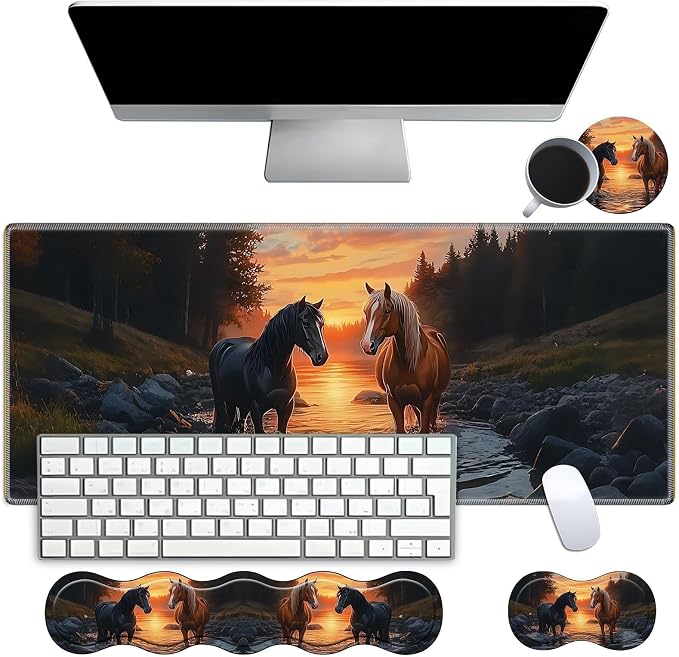 Desk Mat Large Gaming Mouse pad Set 31.5x11.8 inch [4in1Mousepad + Keyboard Wrist Rest+Mouse Wrist Rest+Coaster ] with Ergonomic Desk Pad for Home Office Table Computer - Oil Art Horse