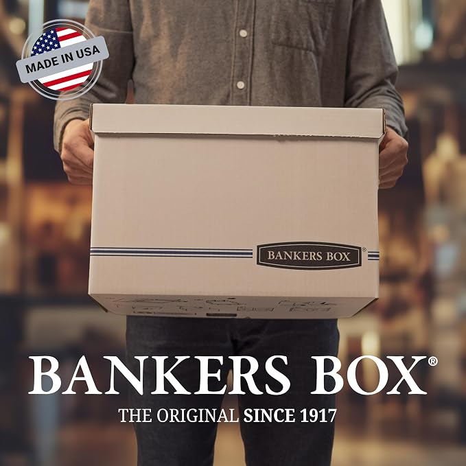 Bankers Box 12 Pack Presto Heavy-Duty File Storage Boxes, Instant Assembly, Lift-Off Lid, Letter, White/Black