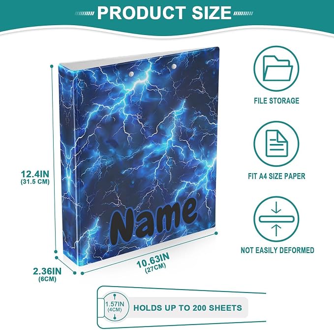 Custom 3 Ring Binder Blue Electric Lightning 1.5" Round Ring Binders Personalized Name View Binder with 200 Sheet for Kids School Supplies Women Men Office, 1 Pack