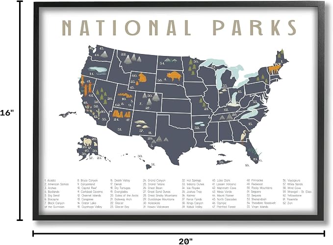 National Parks Adventure Map, 16 x 20 Inch Framed Giclée Print | Stupell Industries · By Lil' Rue · Ready to hang · Educational travel decor for kids or office · Made in USA