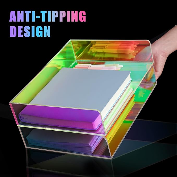 2-Tier Letter Tray Stackable Acrylic Desk Organizer File Holder | Iridescent Rainbow Paper Sorter For Desktop Document Office Accessories Storage Mail Organizer School Workspace Organization