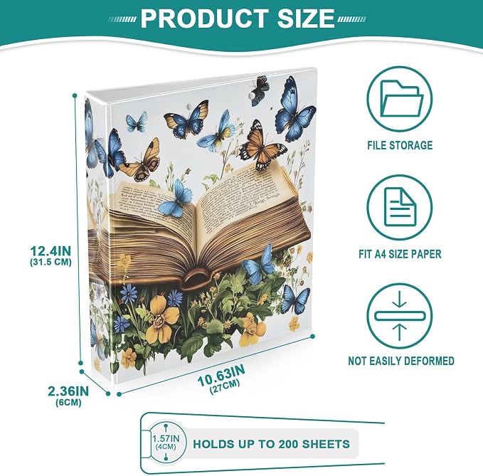 Butterfly Book 3 Ring Binder with 2 Interior Pockets 1.5 inch Binders 3 Ring Heavy Duty Fit 8.5" x 11" Letter Size for Office School, 2 Pack