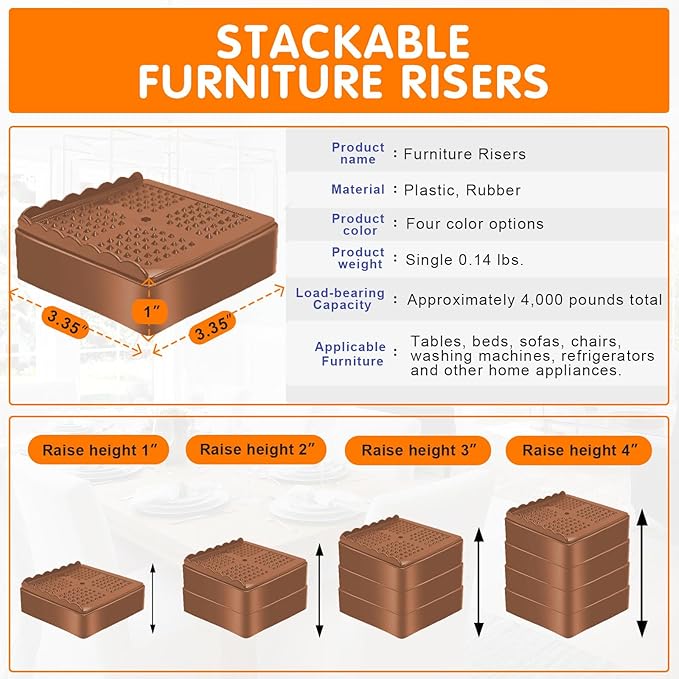 shouwuhho Furniture Risers, 4 Pack Bed Risers with Non-Slip Grip and Heavy Duty Support, 1 Inch 2 Inch 3 Inch 4 Inch Height Lift for Couch, Sofa, Table, Desk, Chair, Refrigerator - Brown, 1+1 Inch