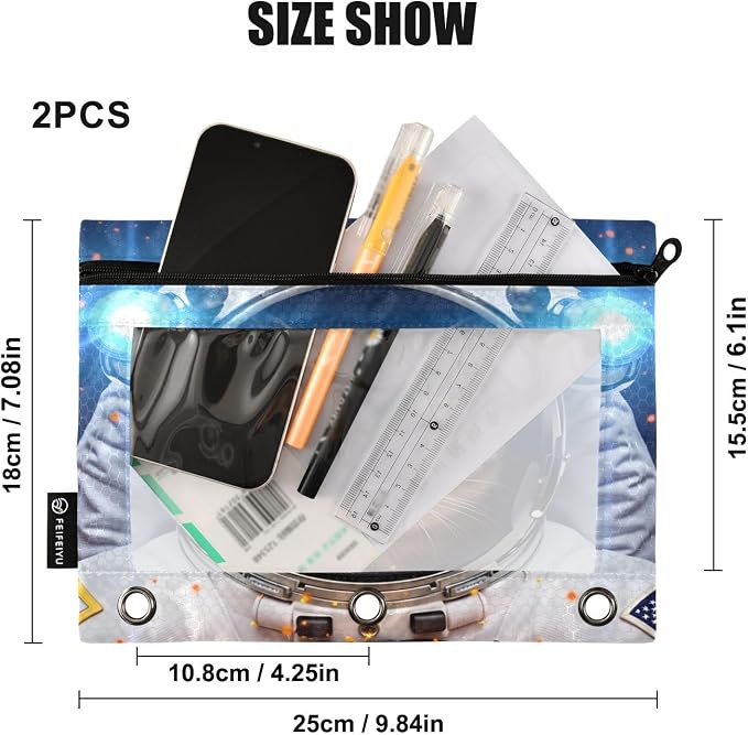 Astronaut Cat Space Pencil Pouch for 3 Ring Binder, 2 Pack Waterproof Pencil Bags Clear Window Zipper School Office Supplies
