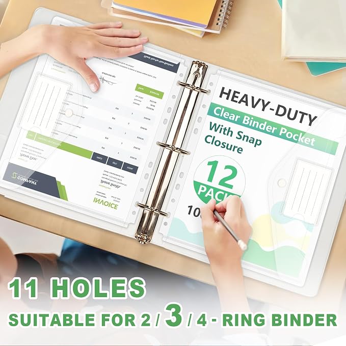 HOUYEE 12 Pack Heavy-Duty Clear Binder Pocket Folders for 2/3/4 Ring Binder | 11 Holes Binder Envelopes with Snap Closure, Plastic Clear Binder Folders for Office, 8 Mil,100 Sheet Capacity, Letter Size