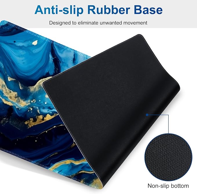 Desk Mat Pad, Gaming Mouse Pad Wrist Support Set, 4 in1 Non-Slip XXL Large Mousepad + Ergonomic Keyboard Wrist Rest+Mouse Wrist Rest+Coaster for Home Office Computer I Blue Gold Marble