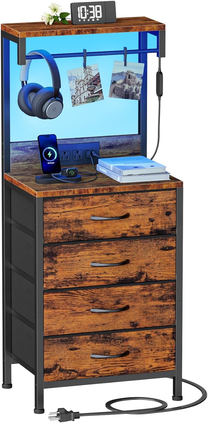 Night Stand with Charger Station, 4 Fabric Drawers and LED Lights | 38'' Tall Bedside Table with Storage Shelf for Bedroom, Office, Metal Frame, Wood Shelves, Rustic Brown Nightstand