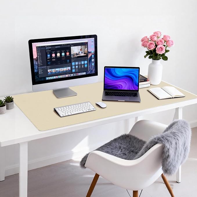 Leather Desk Pad Protector, Office Desk Mat, Large Mouse Pad, Non-Slip PU Leather Desk Blotter, Waterproof Computer Desk Writing Pad for Office and Home (Beige, 47.2" x 23.6")