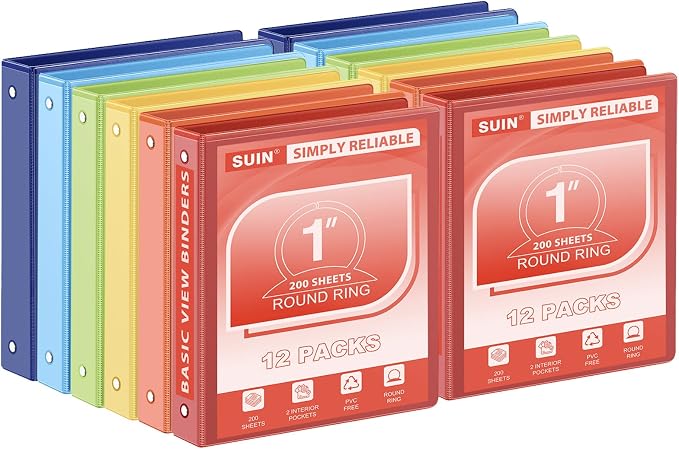 SUIN Basic 1-Inch 3-Ring-Binder, Customizable Clear View Cover, for US Letter Size 8-1/2 x 11'', Perfect for Office/School (Bright Colors -12 Pack)
