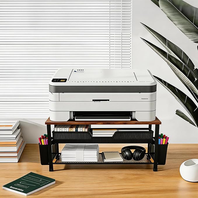 Printer Stand for Desk, Desk Organizer with Storage, Desktop Printer Table for Home Office, Multi-Purpose Shelves for Home Printer, Fax Machine, Scanner, Die-Cut Machine (Brown)