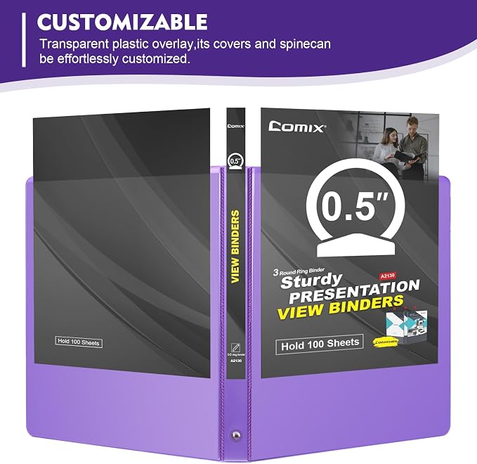 COMIX Sturdy 0.5 Inch 3 Ring Binder with Clear View Cover | 0.5"Heavy Duty Round Ring,PVC-Free Board,Holds 100 Letter Sheets,Wholesale for Offices & Classrooms,6 Pack (Purple)