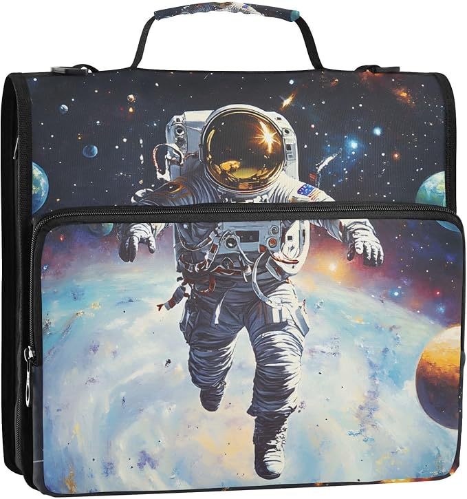 Astronaut in Space Planet 3 Ring Binder Bag 1.5 inch Binder Organizer with Zipper Shoulder Strap 500 Sheet Documents Storage for School Office