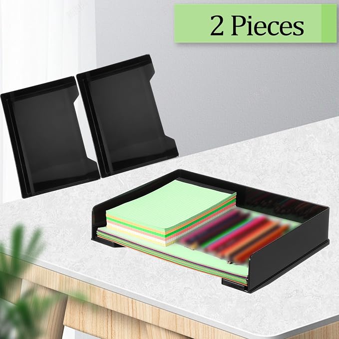 DoubleFill 2 Pcs Stackable Letter Tray Rectangular Plastic Desk Organizer 13 x 9.5 x 2.6 in Paper Holder File Tray Accessories Rack for Desktop Office Desk Drawers (Black)