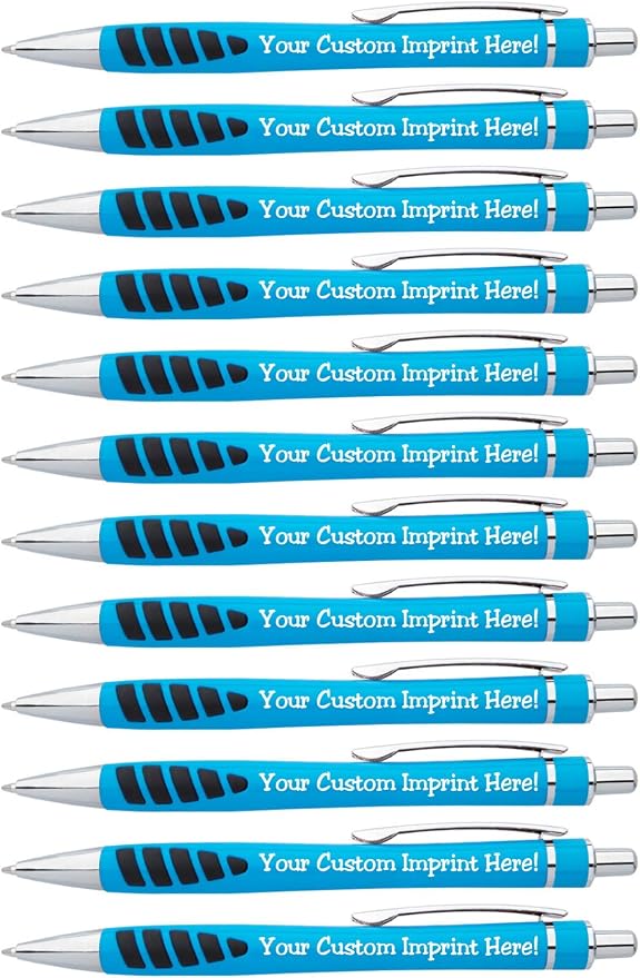 ExpressDesigns™ - Your Name or Imprint on our Custom Printed Addison Ballpoint Pen - Rubber Grip For Writing Comfort And Control, black ink, medium point - 12 Pack (Light Blue)