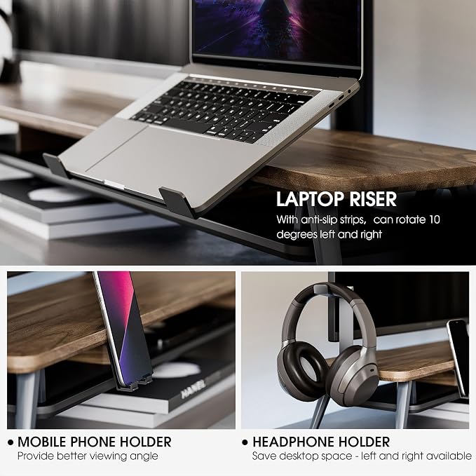 Fenge 42.5-Inch Monitor Stand Riser with Laptop, Phone & Headphone Holders | 10° Adjustable Laptop Holder, 2-Tier Storage, Dual Monitor or Monitor-Laptop Setup, Ideal for Multitasking, Gaming, Streaming
