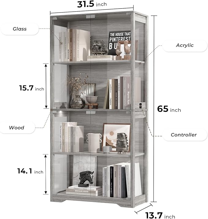 BROTTAR Display Cabinet with Glass Doors, 4-Tier Display Case, Gray | Curio Cabinet with 3 Color Lights for Collectibles, Storage Cabinets with Human Body Sensor