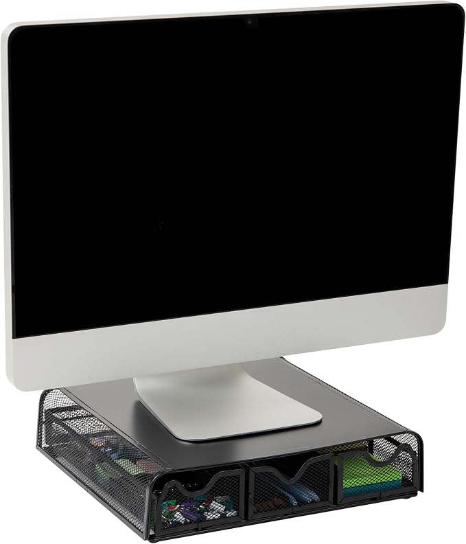Mind Reader Monitor Stand, Ventilated Laptop Riser, Desktop Organizer, Storage, Metal Mesh, 13.25"L x 12.5"W x 3"H, Black